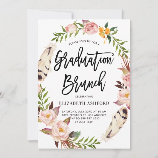 Boho Feathers & Floral Wreath Afstuderen Brunch Kaart (Voorkant)
