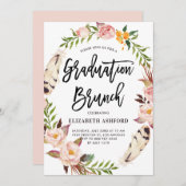 Boho Feathers & Floral Wreath Afstuderen Brunch Kaart (Voorkant / Achterkant)