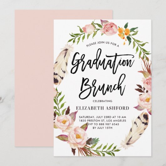 Boho Feathers & Floral Wreath Afstuderen Brunch Kaart (Voorkant / Achterkant)