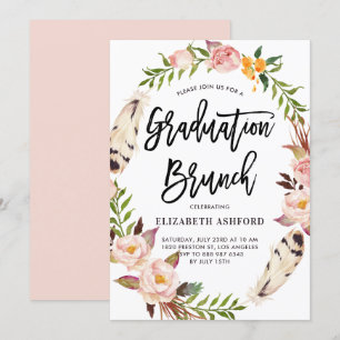 Boho Feathers & Floral Wreath Afstuderen Brunch Kaart