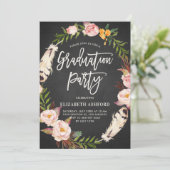 Boho Feathers Floral Wreath Chalkboard Afstuderen Kaart (Staand voorkant)