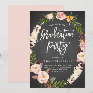 Boho Feathers Floral Wreath Chalkboard Afstuderen Kaart