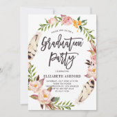 Boho Feathers & Floral Wreath Graduation Party Kaart (Voorkant)