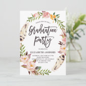 Boho Feathers & Floral Wreath Graduation Party Kaart (Staand voorkant)