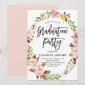 Boho Feathers & Floral Wreath Graduation Party Kaart (Voorkant / Achterkant)
