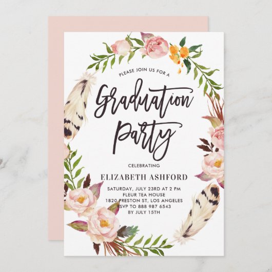 Boho Feathers & Floral Wreath Graduation Party Kaart (Voorkant / Achterkant)