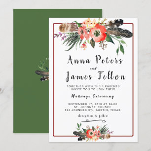 Boho Feathers Flowers Succulent Floral Wedding Kaart