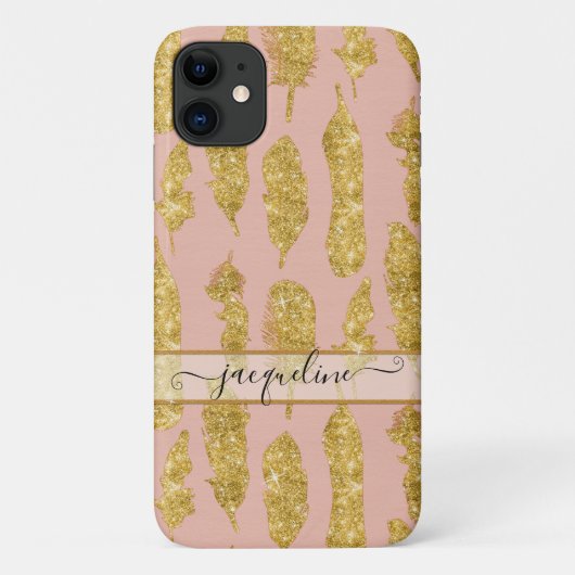 Boho Feathers Gold Glitter Blush Pink Script Name Case-Mate iPhone Case (Achterkant)
