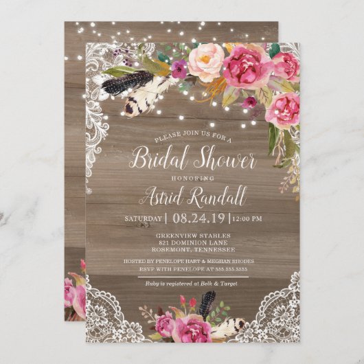 Boho Feathers & Lace Rustic Bridal of Baby shower Kaart (Voorkant / Achterkant)