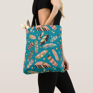 Boho Feathers op het Blauwgroen Patroon Tote Bag