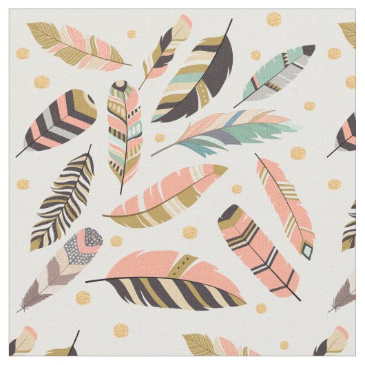 Boho Feathers Pattern on White Stof (Close Up)
