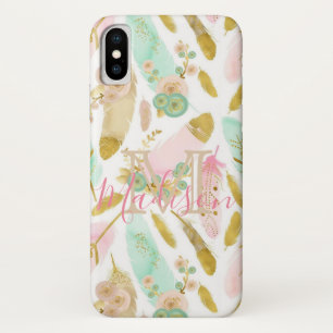 Boho Feathers Pink Blue Green Cool Initiaal Name Case-Mate iPhone Case