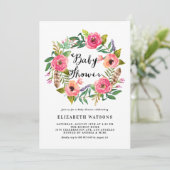 Boho Feathers Pink Floral Wreator Baby shower Kaart (Staand voorkant)