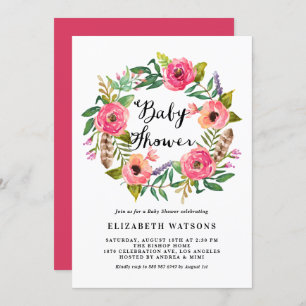 Boho Feathers Pink Floral Wreator Baby shower Kaart