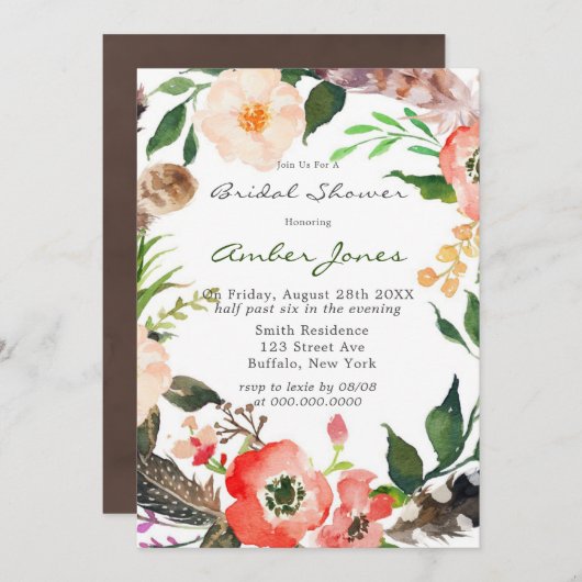 Boho Feathers Red Poppy Bridal Shower Invitation Kaart (Voorkant / Achterkant)