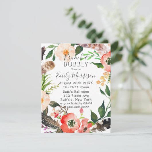 Boho Feathers Red Poppy Brunch & Bubble Invites Kaart (Staand voorkant)