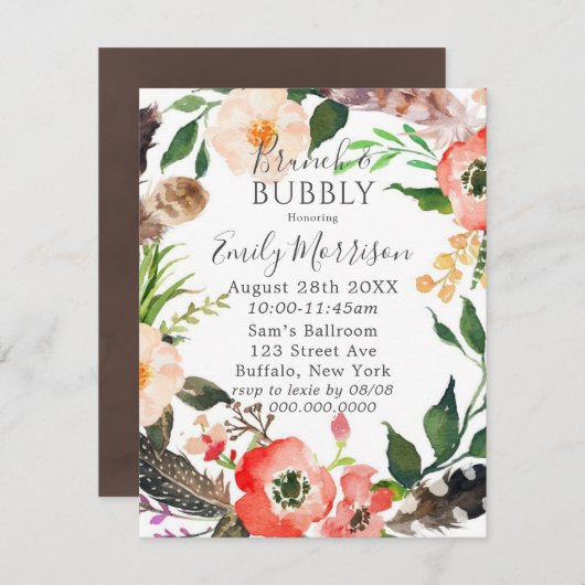 Boho Feathers Red Poppy Brunch & Bubble Invites Kaart (Voorkant / Achterkant)
