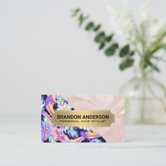 Boho Feathers | Roze marmer Visitekaartje (Staand voorkant)