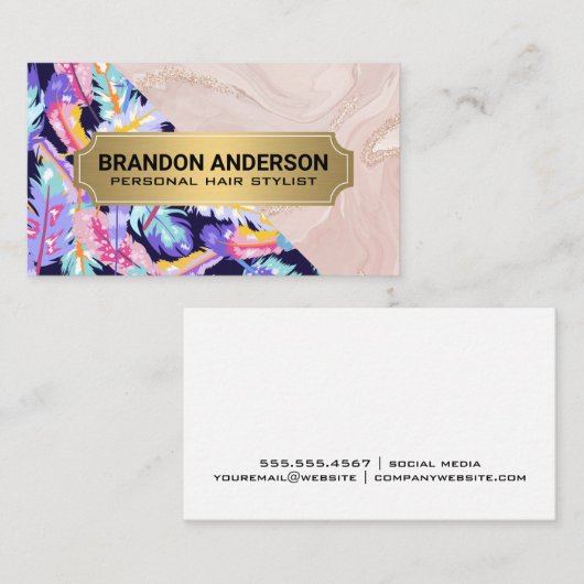 Boho Feathers | Roze marmer Visitekaartje (Voorkant / Achterkant)