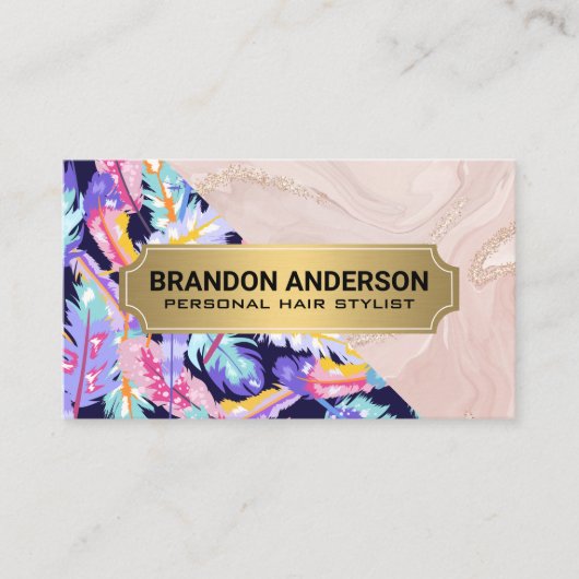 Boho Feathers | Roze marmer Visitekaartje (Voorkant)