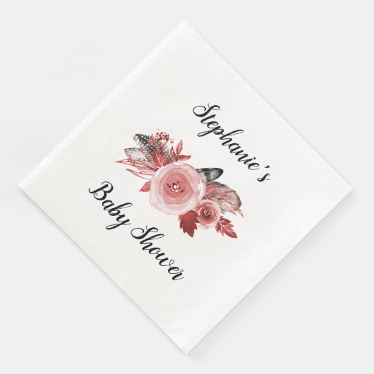 Boho Feathers Rozen Bourgogne Baby shower Servet (Hoek)