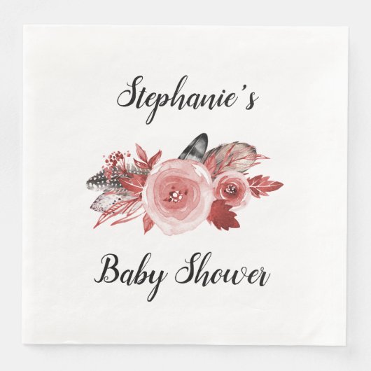 Boho Feathers Rozen Bourgogne Baby shower Servet (Voorkant)