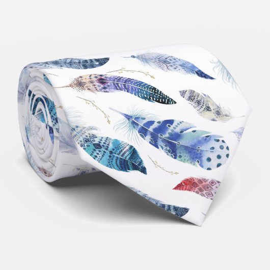Boho Feathers Waterverf Pattern Stropdas (Opgerold)