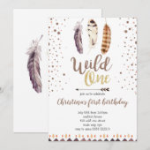 Boho Feathers Wild One Gold Girl Eerste Verjaardag Kaart (Voorkant / Achterkant)