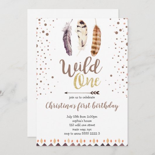 Boho Feathers Wild One Gold Girl Eerste Verjaardag Kaart (Voorkant / Achterkant)