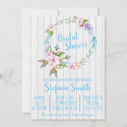 Boho Feathers Wreath Bridal Shower Invitation Kaart (Voorkant)