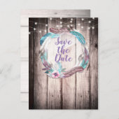 Boho Feathers Wreath & String Lights Save the Date Aankondigingskaart (Voorkant / Achterkant)
