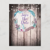 Boho Feathers Wreath & String Lights Save the Date Aankondigingskaart (Voorkant)