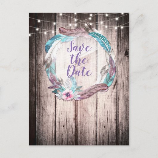 Boho Feathers Wreath & String Lights Save the Date Aankondigingskaart (Voorkant)