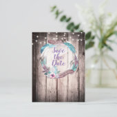 Boho Feathers Wreath & String Lights Save the Date Aankondigingskaart (Staand voorkant)