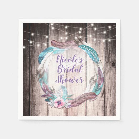 Boho Feathers Wreath & String Lights Vrijgezellenf Servet (Voorkant)
