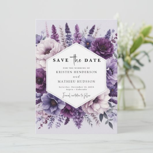 Boho Field Paarse Bloemen Huwelijk Save The Date (Staand voorkant)
