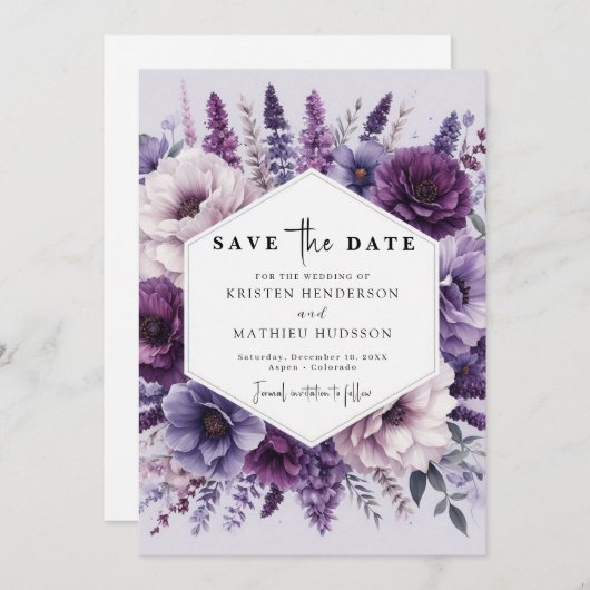 Boho Field Paarse Bloemen Huwelijk Save The Date (Voorkant / Achterkant)