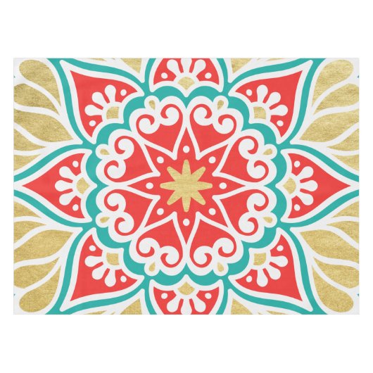 Boho Fiesta Blauwgroen Red & Gold Geometric Tablec Tafelkleed (Voorkant (Horizontaal))
