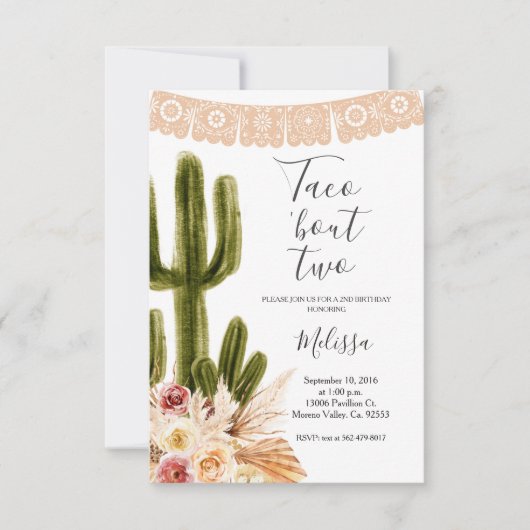 Boho Fiesta Taco 'bout Two verjaardagsuitnodiging Kaart (Voorkant)