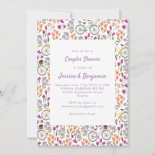 Boho-fiets bloemenschrift chic koppels douche kaart (Voorkant)