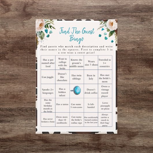 Boho Find the Guest Bridal Shower Bingo game Kaart