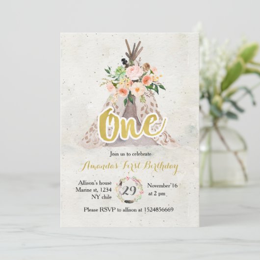 Boho First Birthday Invitation Kaart (Staand voorkant)