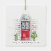 Boho First Kerstmis Nieuwe Portret Rode Deuren Gra Keramisch Ornament (Achterkant)