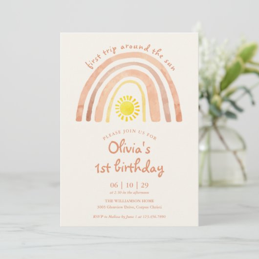 Boho First Trip Around Sun Rainbow 1st Birthday Kaart (Staand voorkant)