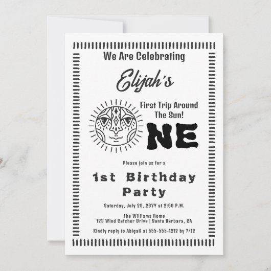 Boho First Trip omheen de Sun 1st Birthday Party Kaart (Voorkant)