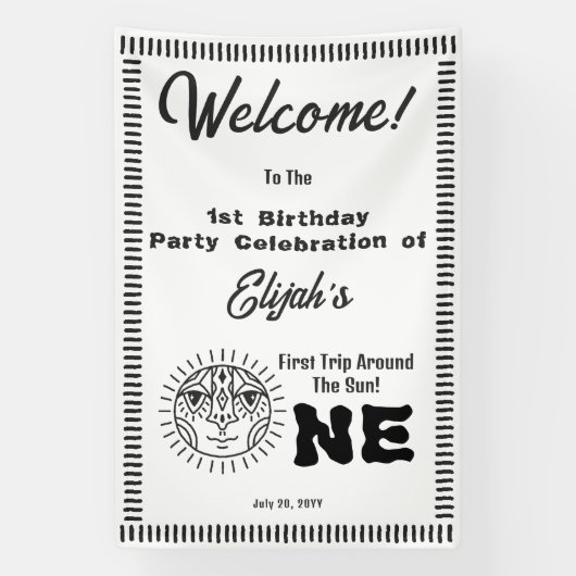 Boho First Trip omheen de Sun 1st Birthday Party Spandoek (Verticaal)