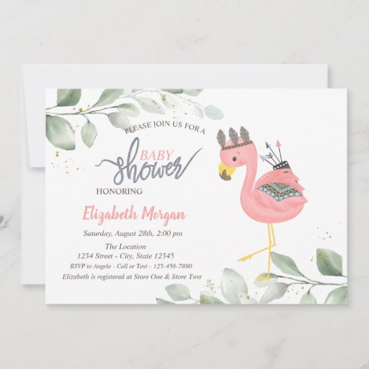 Boho Flamingo Bladeren Baby Shower Uitnodiging (Voorkant)