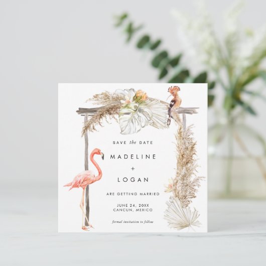 Boho Flamingo Wedding Arch Save the Date Aankondiging (Staand voorkant)
