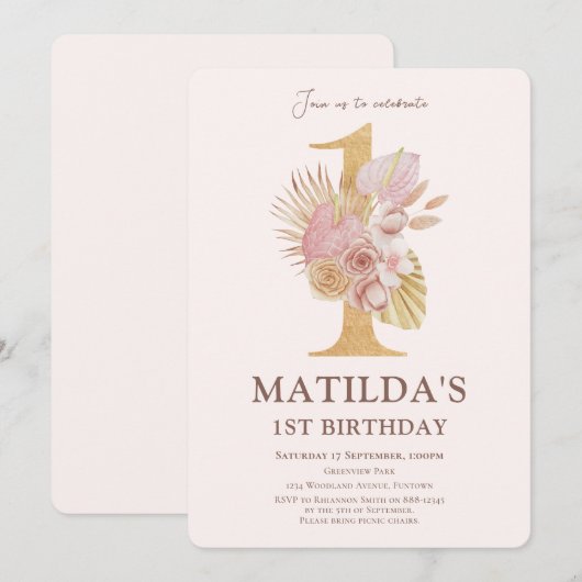 Boho Floral 1e verjaardag uitnodiging (Voorkant / Achterkant)