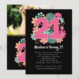 Boho Floral 21e verjaardag fotokaarten uitnodiging